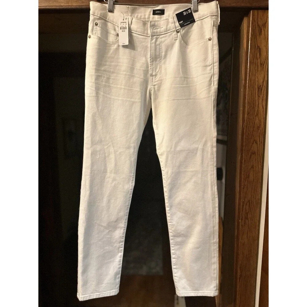 Express Men’s Skinny Fit White Denim Jeans Stretch 5-Pocket Solid